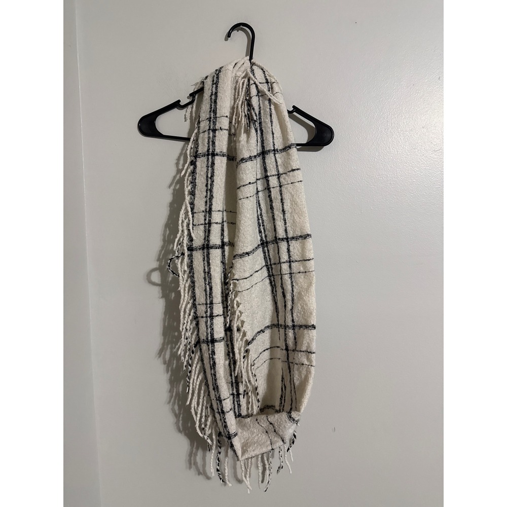 Cream Black Windowpane Plaid Infinity Scarf Fringe Trim Textured Knit RN 145645